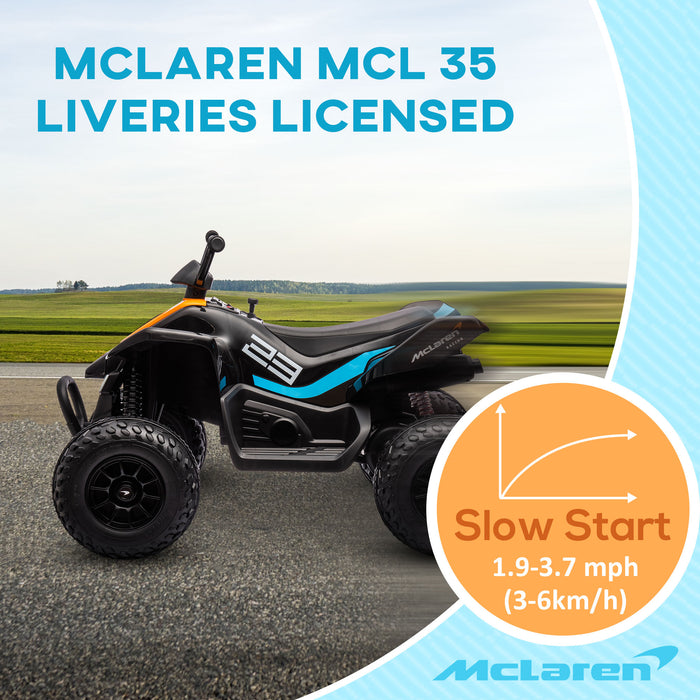 McLaren Licensed 12V Quad Bike - Electric Ride-On with Music, Headlights, MP3 Connectivity, Slow Start, Suspension Wheels - Perfect for Kids Aged 3-8