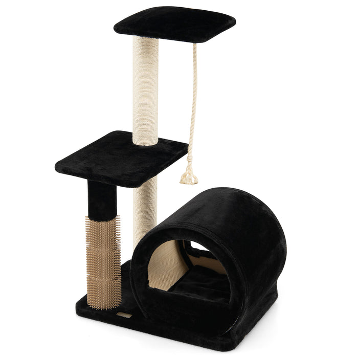 Kitty Condo Brand - Multi-Level Climbing Tower with Groom Brush and Sisal Rope in Black - Perfect Play Structure for Cats to Exercise and Groom Themselves