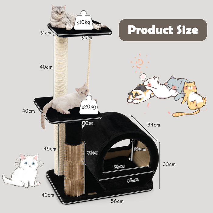 Kitty Condo Brand - Multi-Level Climbing Tower with Groom Brush and Sisal Rope in Black - Perfect Play Structure for Cats to Exercise and Groom Themselves