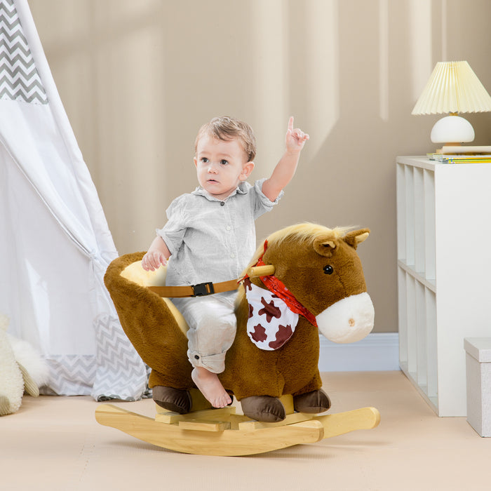 Plush Baby Rocking Horse with Safety Harness - Realistic Sounds, Foot Pedals, Soft Toddler Rocker - Ideal for 18-36 Month Old Children, Cozy Brown