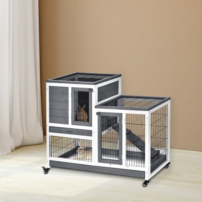 Elevated Wooden Guinea Pig Hutch with Enclosed Run - Wheeled Indoor Cage for Small Pets in Grey and White - Perfect Habitat for Rabbits and Guinea Pigs