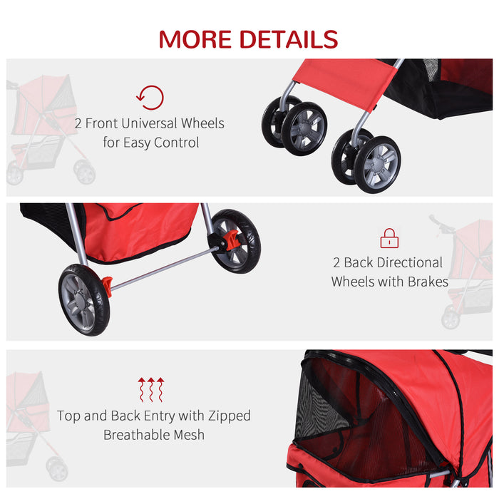 Foldable Pet Stroller for Small Dogs and Cats - Zipper Entry, Travel Carriage with Wheels, Lightweight - Ideal for Pet Transport and Mobility in Red