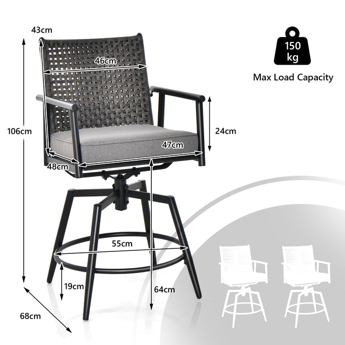 Set of 2 Patio Swivel Bar Stools - PE Rattan Back and Black Metal Frame - Ideal for Outdoor Entertaining and Relaxation