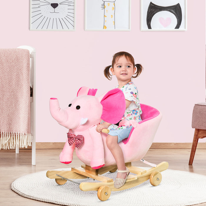 Plush Elephant Rocker and Ride-on Toy with Wheels - Soft Wooden Rocking Horse for Toddlers, 32 Lullabies Included - Ideal for Indoor Play and Early Childhood Development