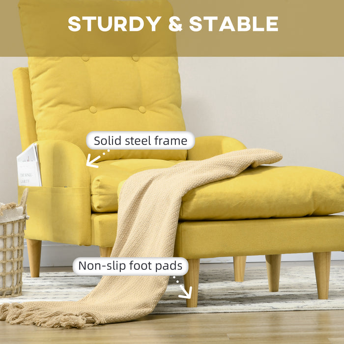 Modern Button-Tufted Upholstered Armchair and Footstool Combo - Adjustable Backrest, Side Pockets, Wood Legs, with Plush Cushions - Perfect for Relaxation and Contemporary Home Decor, Sunny Yellow