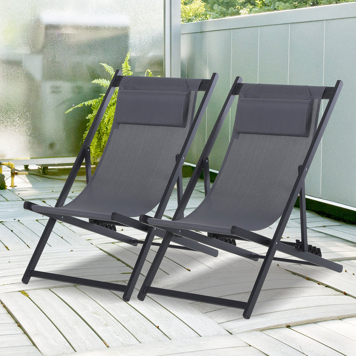 Folding Garden Beach Deck Chair Duo - Grey Patio Loungers with Seaside Appeal - Ideal for Outdoor Relaxation and Sunbathing