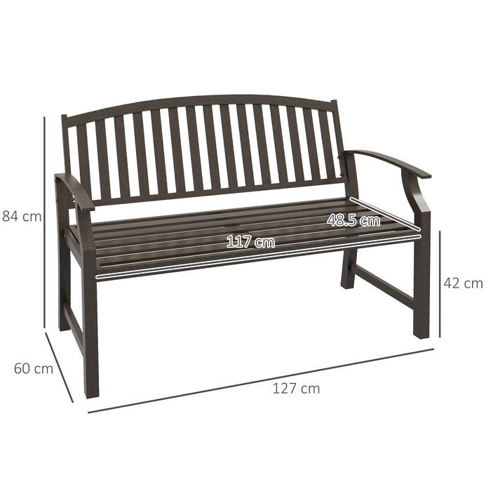 Outdoor Metal Garden Bench with Slatted Seat and Backrest - Elegant Design with Curved Armrests, Brown - Ideal for Conservatory, Poolside, or Deck Lounging