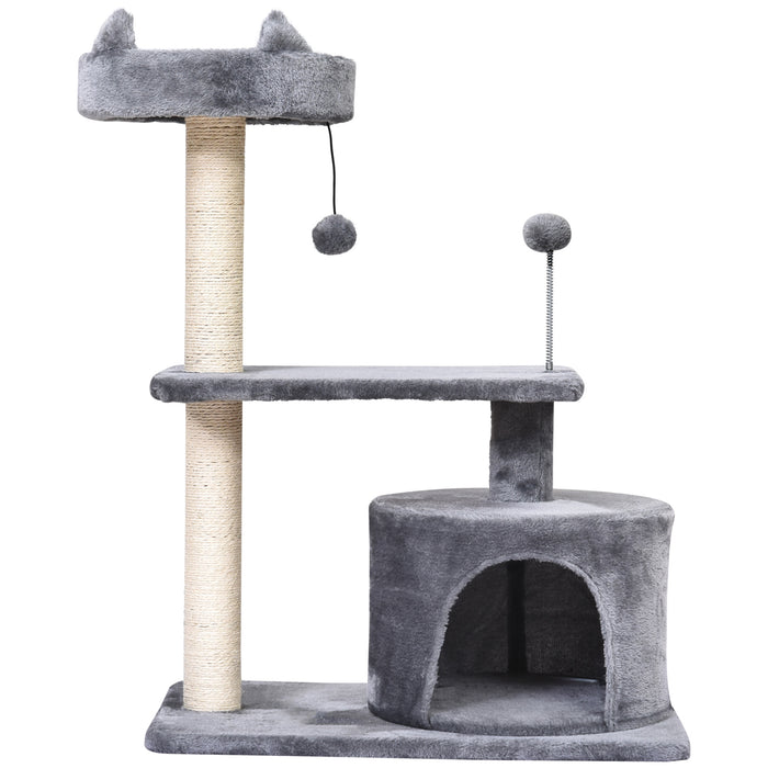 3-Tier Cat Tree with Sisal Rope Scratching Posts and Hanging Toys - Durable Grey Feline Activity Center - Ideal for Claw Maintenance and Play