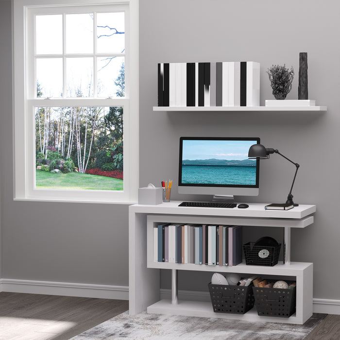 L-Shaped Swivel Corner Desk - 360° Rotating Home Office Workstation with Storage Shelf - Ideal for Writing & Computer Setup in White