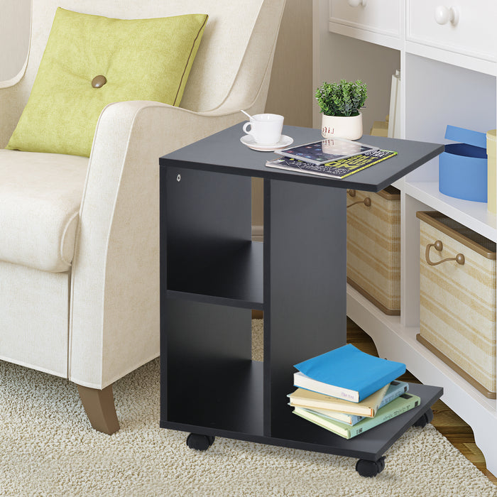 C-Shape Mobile End Table - Unique Storage Unit with Dual Shelves and 4 Rolling Wheels - Versatile Freestanding Cabinet for Home Office and Studio Use, Black