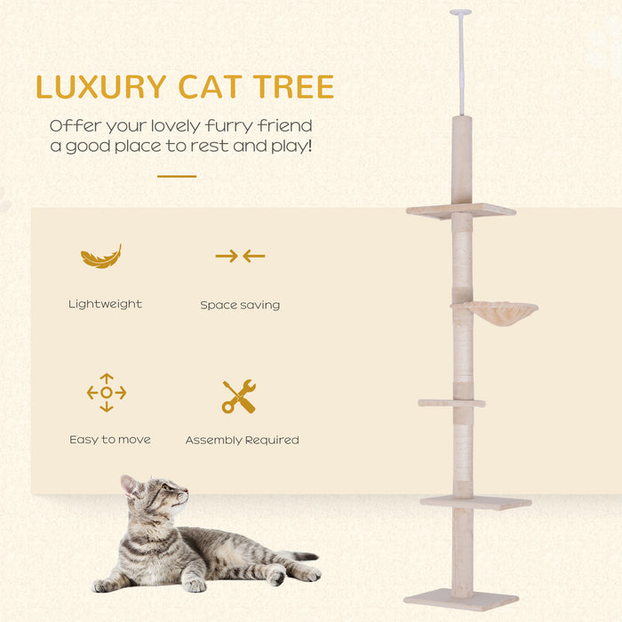 Adjustable 5-Tier Cat Climbing Tree - Floor-to-Ceiling Kitty Tower with Scratching Posts - Ideal for Feline Play & Exercise from 230-260cm Spaces