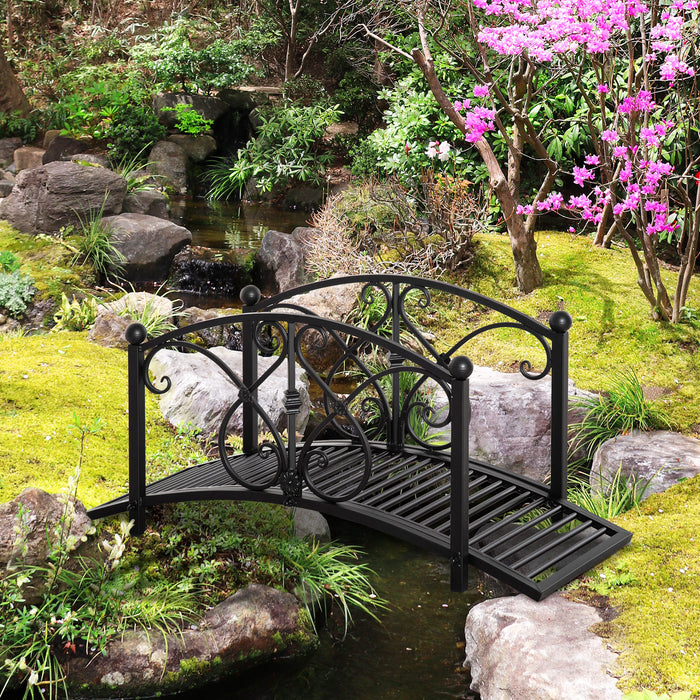 Classic Metal Garden Bridge - 102L x 48W x 49H with Safety Railings and Arc Design - Decorative Footbridge for Backyard Creek or Stream Crossing, Black