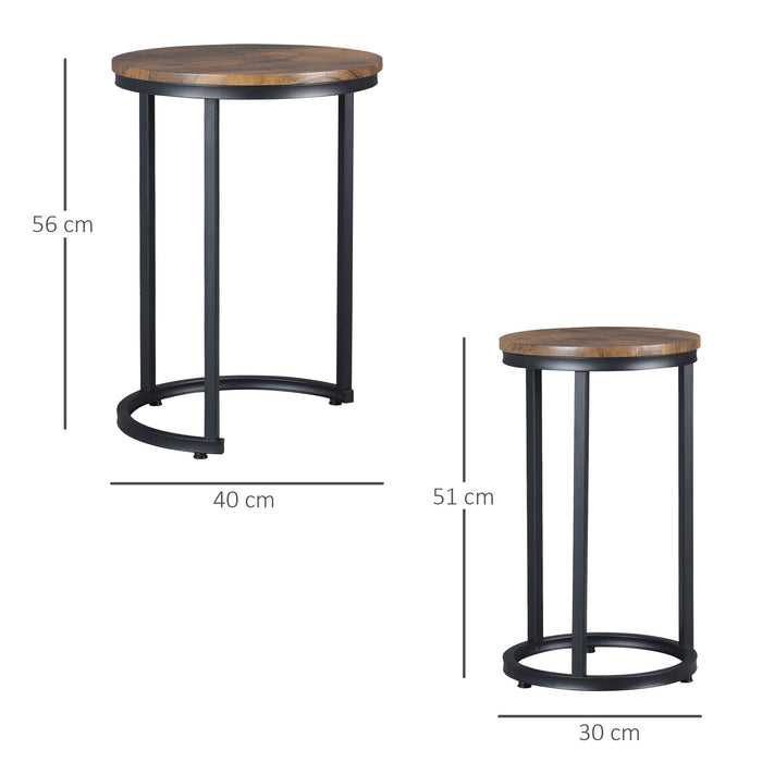 Industrial Round Nesting Side Tables Set of 2 - Rustic Wood Grain Top with Sturdy Metal Frame - Space-Saving Design for Living Room