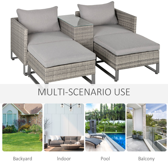 Outdoor Rattan Wicker Sofa Set with Chaise Lounge - 2-Seater Double Sofa Bed, Coffee Table & Footstool - Perfect for Patio, Garden, Backyard Comfort, Grey