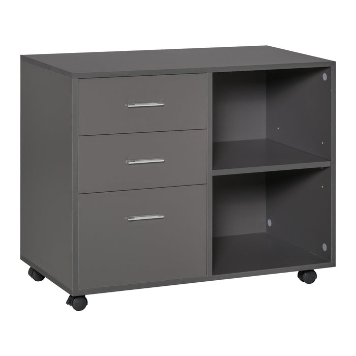 Office Desk Side Mobile Storage Unit - Freestanding Printer Stand with Wheels, 3 Drawers & 2 Open Shelves, Modern Style - Ideal for Organizing Office Supplies, 80x40x65 cm, Grey