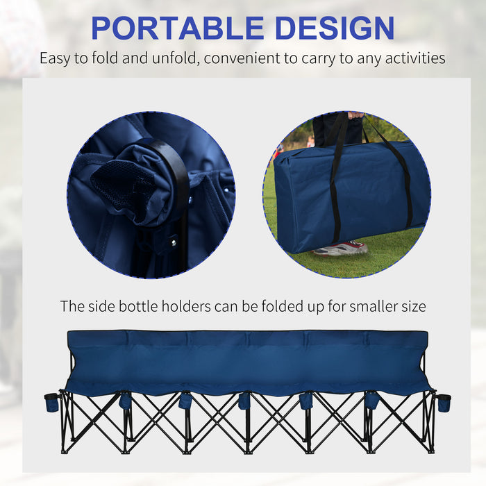 6-Seater Sports Bench with Cup Holders - Portable Folding Seating for Outdoor, Picnic, Camping, Spectators - Durable Steel Frame & Includes Carry Bag, Blue