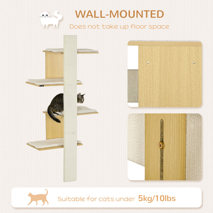 4-Layer Wall-Mounted Oak Cat Tree - Indoor Kitten Perch Climber with Cushions & Scratching Board - Space-Saving Furniture for Playful Cats