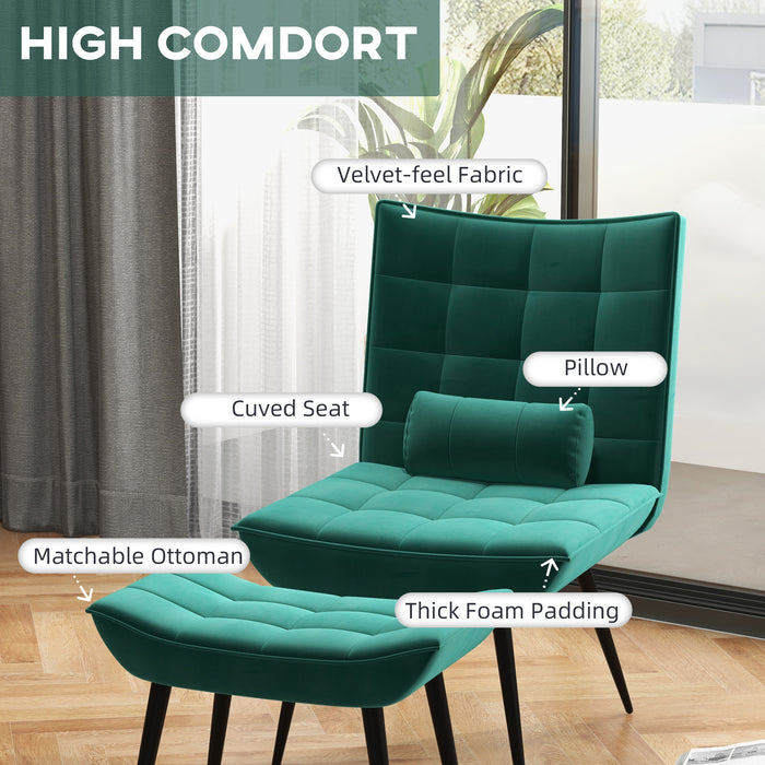 Modern Tufted Armless Accent Chair with Footstool - Upholstered Lounge Chair with Pillow and Steel Legs, Green - Perfect for Living Room Comfort