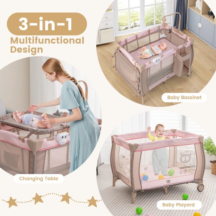 3-in-1 Baby Bassinet - Foldable, Multifunctional with Carry Bag and Wheels, Pink - Ideal for Travelling Parents