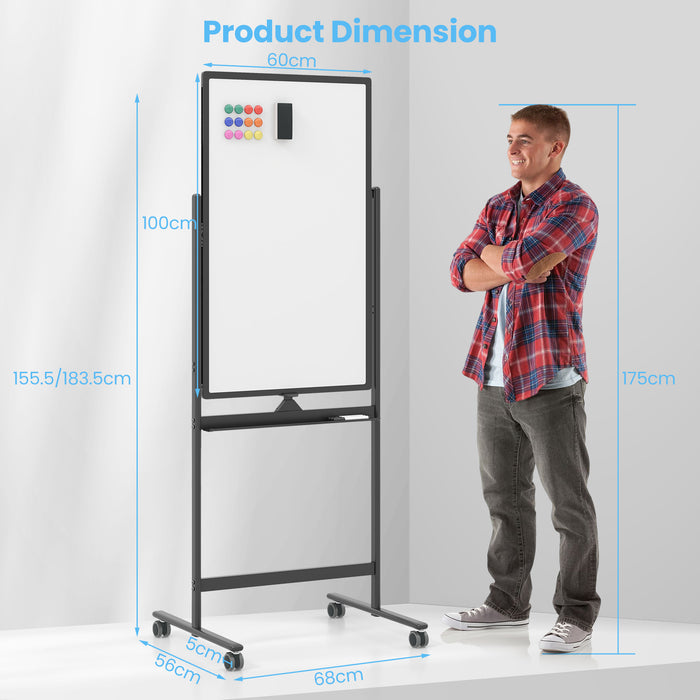 Reversible Rolling White Board with Accessories - White Board, Black Markers, Board Eraser - Ideal for Offices, Schools, Presenters