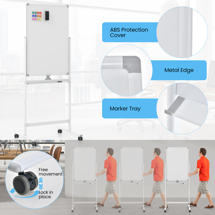 Reversible Rolling White Board with Accessories - White Board, Black Markers, Board Eraser - Ideal for Offices, Schools, Presenters