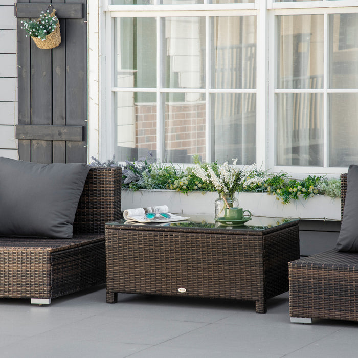 Rattan Outdoor Coffee Table with Tempered Glass Top - Mixed Brown Patio Furniture for Garden & Deck - Elegant Entertaining and Relaxation Piece