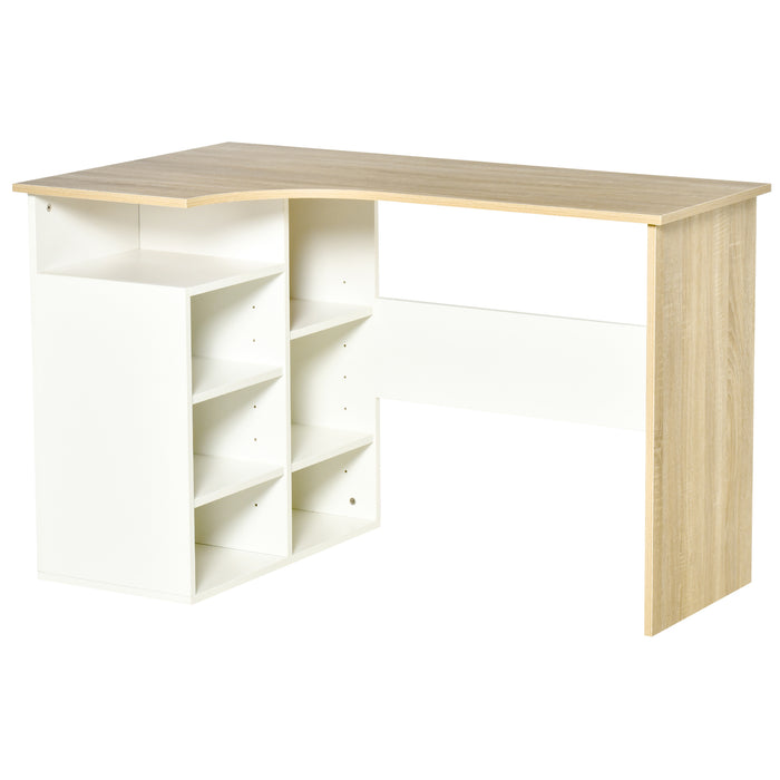 L-Shaped Corner Desk for Home Office - Study Table with Storage Shelf, PC Workstation in Oak and White - Ideal for Small Spaces and Productivity Boost