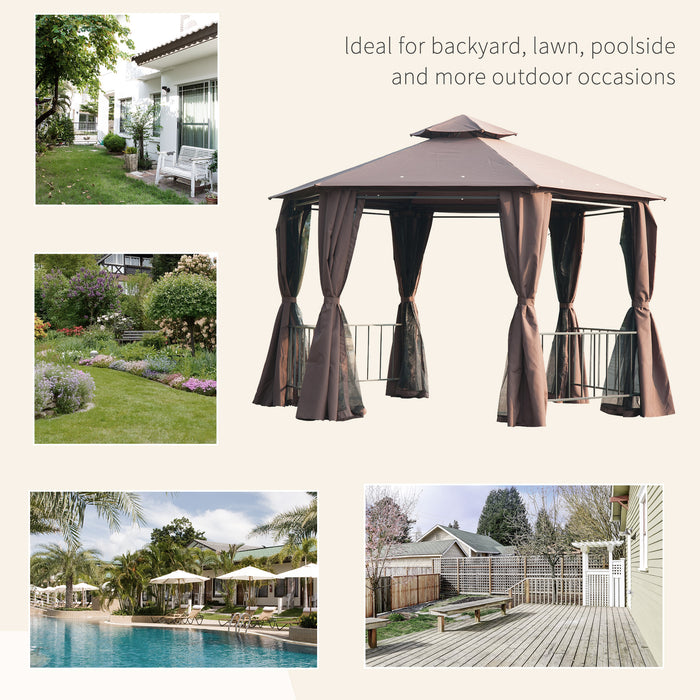 Hexagon Gazebo Canopy - Outdoor Patio Party Tent with 2-Tier Roof and Side Panel - Elegant Shelter for Garden Celebrations, Brown