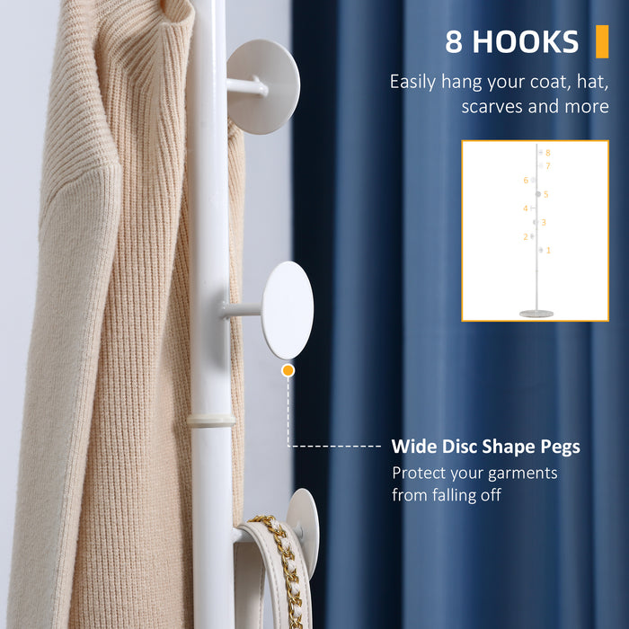 Modern Free-Standing Hall Tree Coat Rack - 8 Round Disc Hooks, Marble Base, Steel Frame for Clothing & Accessories - Ideal for Entryway Organization