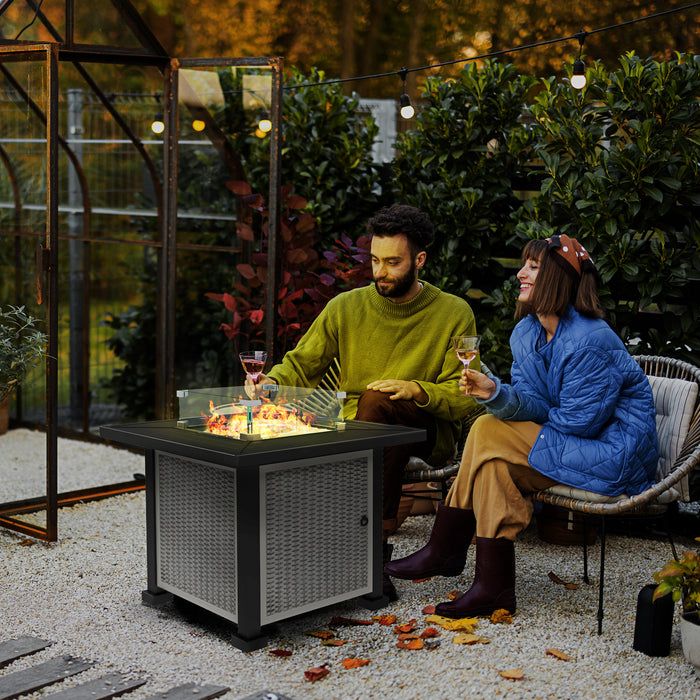 Rattan Gas Fire Pit Table with Glass Screen - 50,000 BTU Square Smokeless Outdoor Fire Pit with Beads & Lid - Perfect for Patio Ambiance and Entertainment, 81x81x64 cm, Grey