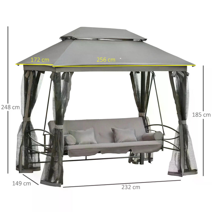 Outdoor 3-Person Swing Bench - Patio Hammock Gazebo Chair with Double Tier Canopy, Cushioned Seating & Mesh Sidewalls - Relaxing Garden Seating Solution