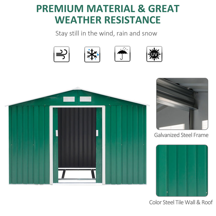 Large Metal Garden Shed with Lock - 9x6 FT Outdoor Patio Tool Storage Building with Foundation - Secure Green Shed for Garden Equipment and Furniture