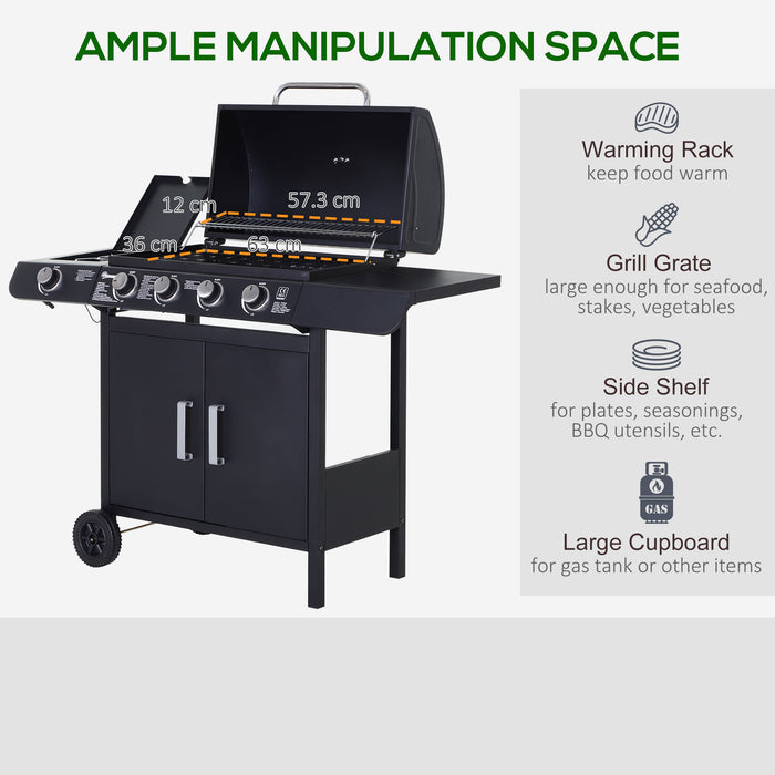 4+1 Gas Burner Grill - Outdoor BBQ Trolley with Smoker and Side Burner - Ideal for Backyard Garden Cooking with Storage and Mobility Wheels