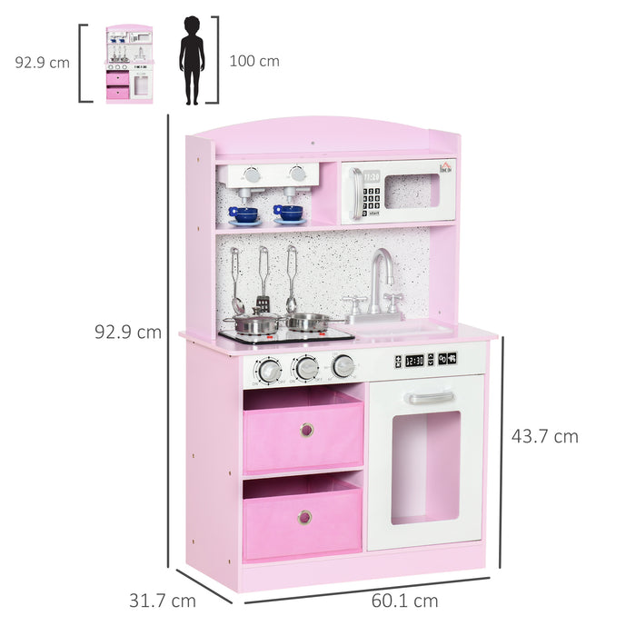 Interactive Wooden Play Kitchen Set with Functional Lights & Sounds - Includes Coffee Maker, Microwave, Sink, Utensils & Storage Bins - Perfect for Children's Imaginative Pretend Play in Pink