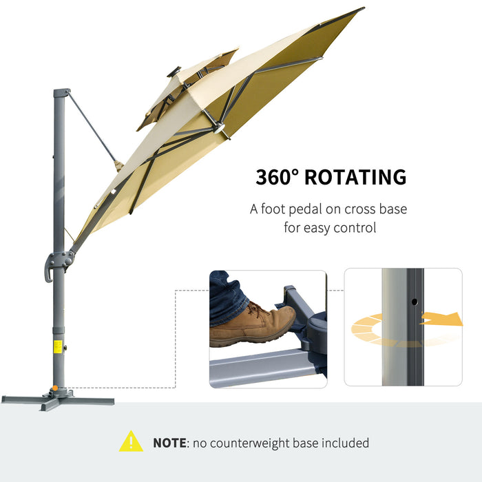 3M Cantilever Parasol with Solar Lights - Adjustable Canopy, 360° Rotation, Power Bank & Cross Base - Outdoor 2-Tier Roof Garden Umbrella for Sun Protection, Khaki