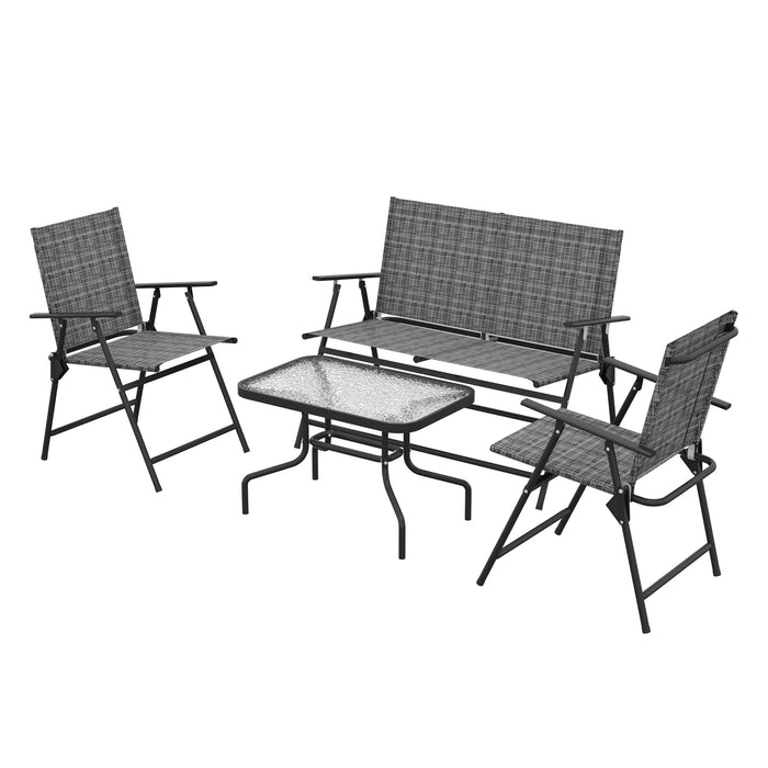 Outdoor Patio Ensemble - 4-Piece Set with Breathable Mesh Fabric Seating and Foldable Armchairs - Includes Loveseat and Glass Top Table for Garden and Backyard