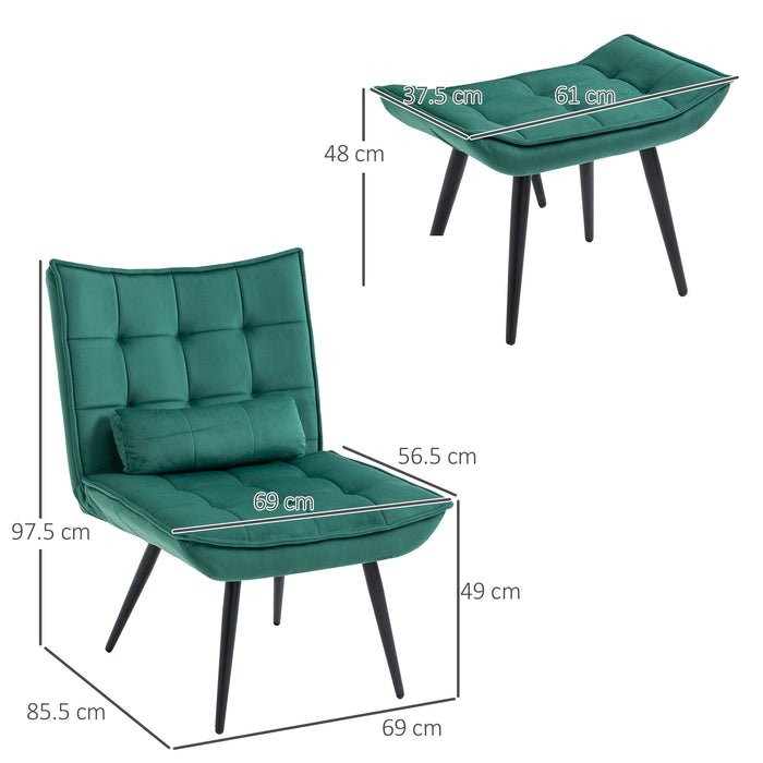 Modern Tufted Armless Accent Chair with Footstool - Upholstered Lounge Chair with Pillow and Steel Legs, Green - Perfect for Living Room Comfort