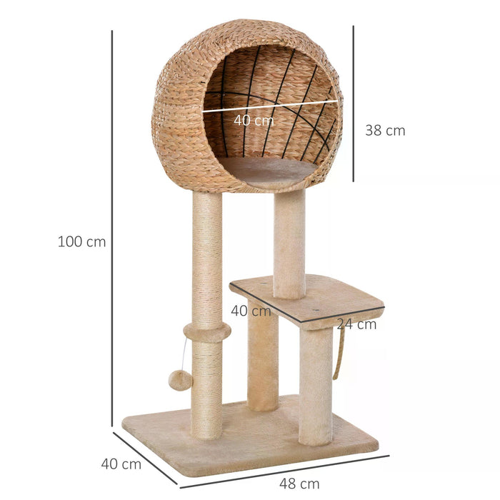 Cat Tower 100cm - Climbing Activity Center with Sisal Scratching Posts, Condo, Perches, and Teasing Toys - Perfect Play Structure for Active Cats