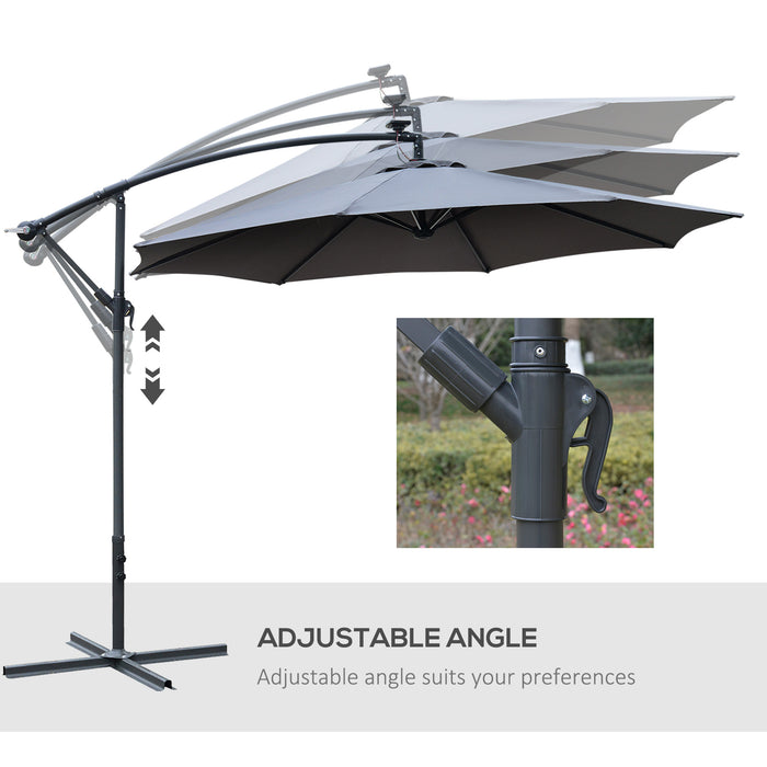 LED Banana Parasol Garden Cantilever Umbrella with Solar Lights - Crank Handle, Cross Base, Hanging Sun Shade in Grey - Ideal Outdoor Protector from Sun and Elements