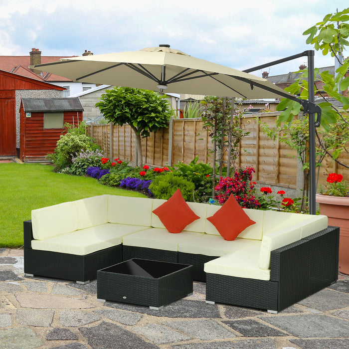 7-Piece PE Rattan Outdoor Furniture Set - Thick Padded Cushions & Glass Coffee Table, Corner Sofa with Pillows - Ideal for Patio and Garden Entertaining