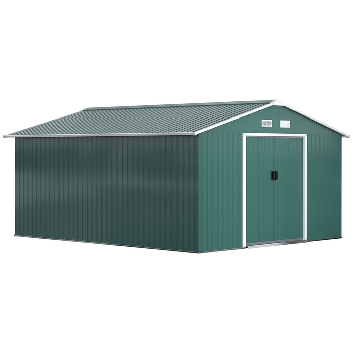 Large Metal Garden Shed 13x11 ft - Patio Roofed Storage Unit with Ventilation and Sliding Door, Deep Green - Spacious Outdoor Organizer for Tools and Equipment