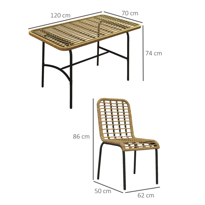 5-Piece Rattan Outdoor Dining Ensemble - Tempered Glass Tabletop with Hollowed-Out Pattern, Natural Wood Finish - Ideal for Patio and Conservatory Spaces