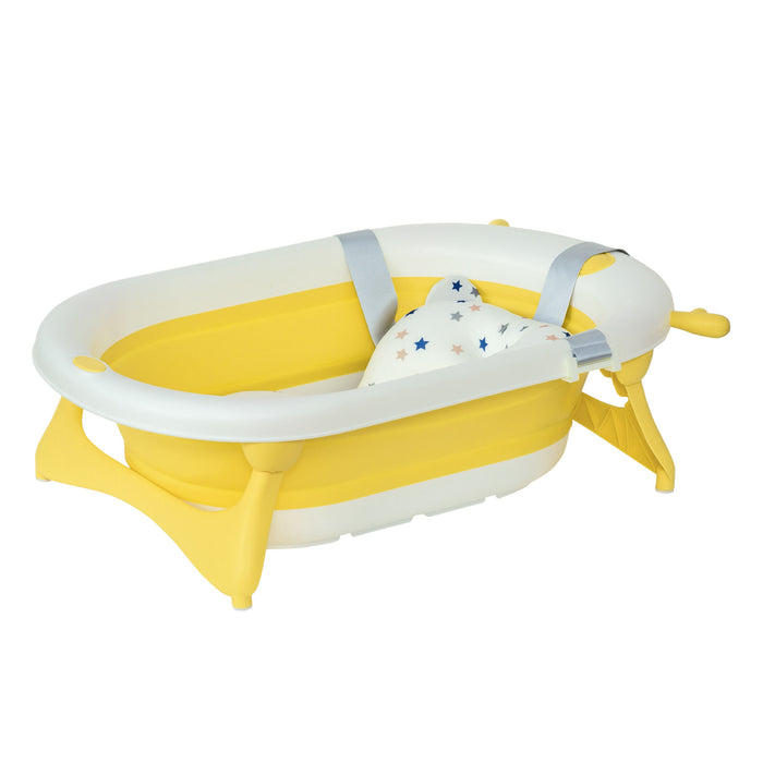 Foldable Ergonomic Baby Bath Tub with Cushion - Temperature-Sensitive Plug, Non-Slip Legs, Portable Design - Ideal for Infants 0-3 Years, Sunny Yellow