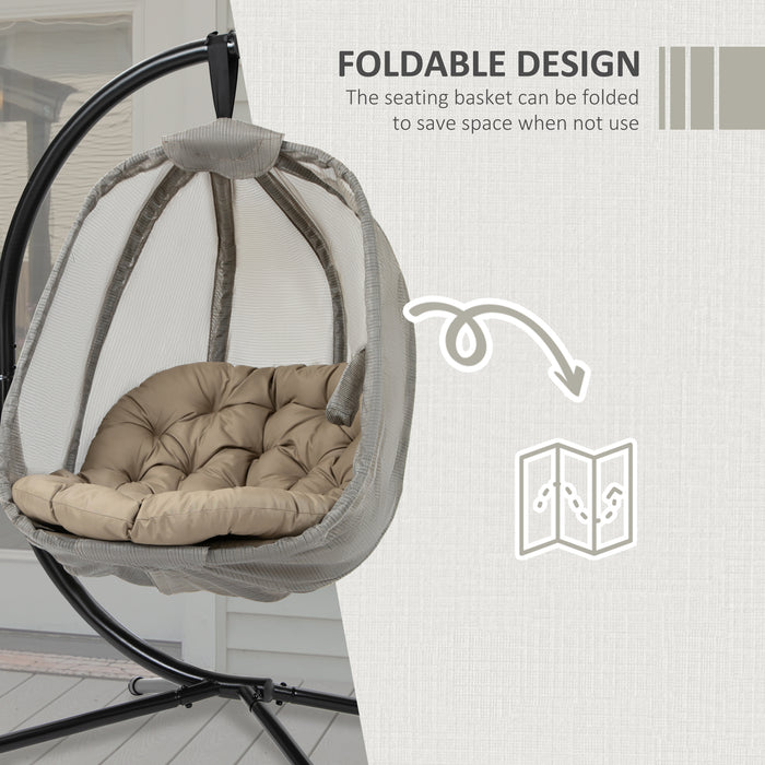 Folding Swing Hammock Egg Chair with Stand - Cushioned Indoor/Outdoor Hanging Chair for Patio & Garden - Comfortable Relaxation Khaki Lounger