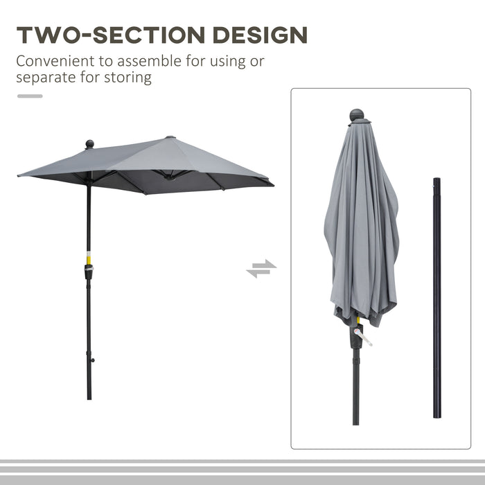 Half Parasol Market Umbrella - 2m Double-Sided Canopy with Crank Handle and Cross Base, Dark Grey - Ideal for Small Gardens and Balconies