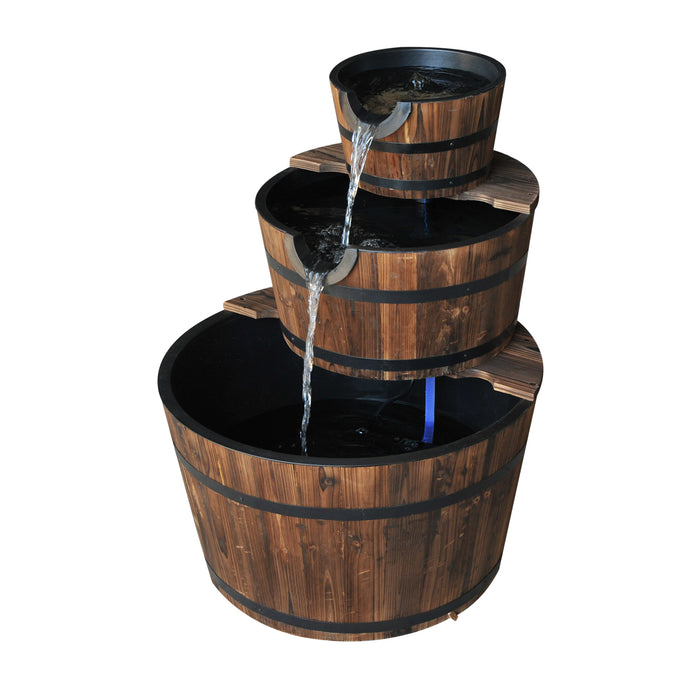 Rustic Wooden Barrel Water Fountain - 3-Tier Cascading Pump Feature for Garden and Deck - Enhances Outdoor Ambiance