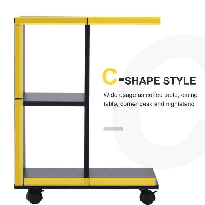 C-Shape Mobile End Table - Unique Storage Unit with Dual Shelves and 4 Rolling Wheels - Versatile Freestanding Cabinet for Home Office and Studio Use, Black