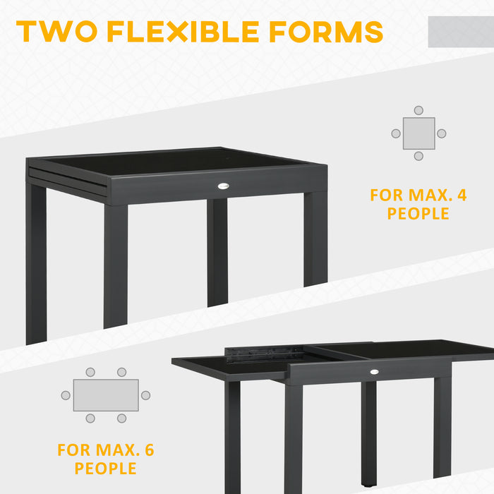 Extendable Patio Dining Table - Aluminum Frame and Tempered Glass Top, 80/160 x 80 x 75 cm in Black - Ideal for Outdoor Entertaining and Family Gatherings