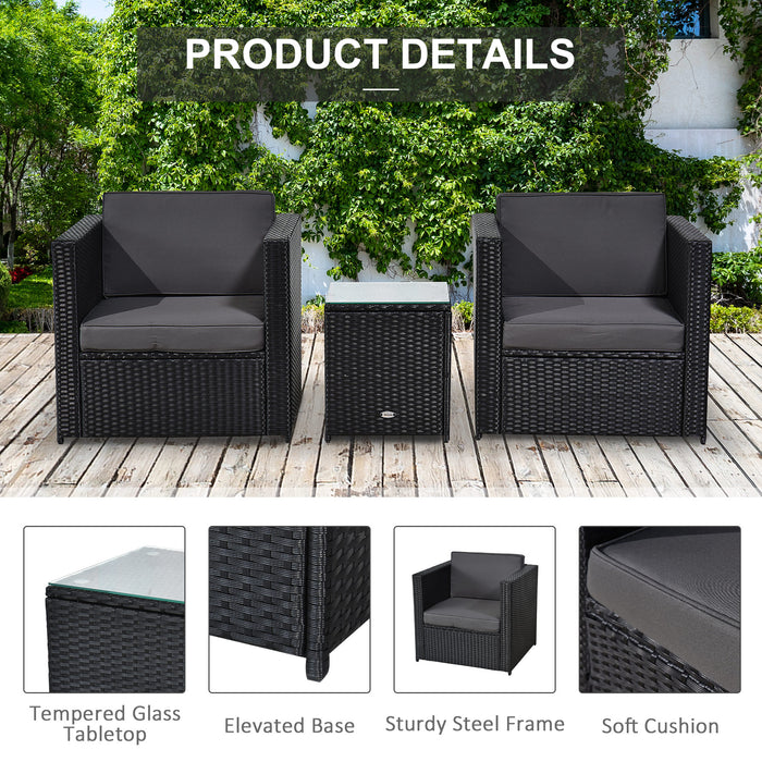 PE Rattan 3-Piece Bistro Set - Weather-Resistant Garden Furniture with Sofa, Table, and Chairs in Black - Ideal for Patio, Conservatory Lounging