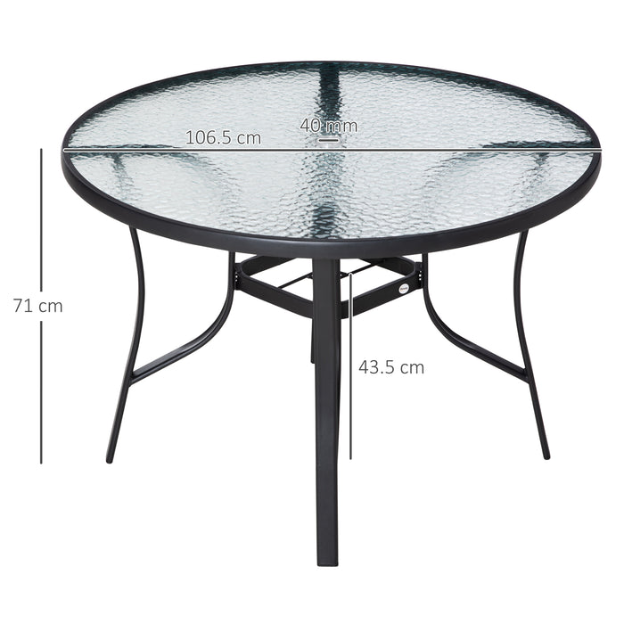 Round 106cm Outdoor Dining Table with Tempered Glass Top - Steel Frame and Parasol Hole - Ideal for Garden Patio Entertainment